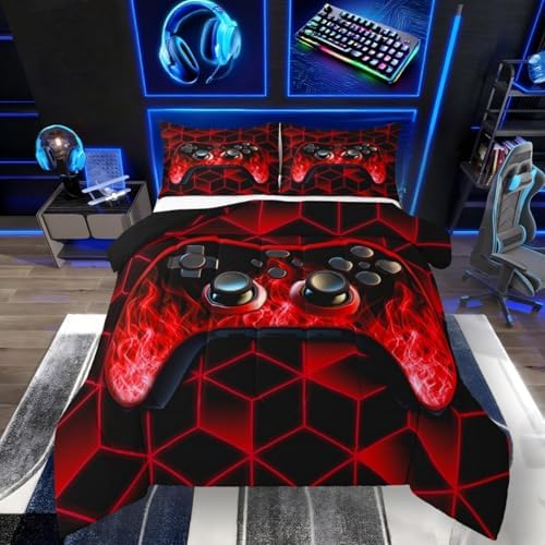 Red Neon Geometric 3D Geometric Comforter Set - Flame Gaming Console Gamer Decor for Boys Bedroom by Erosebridal
