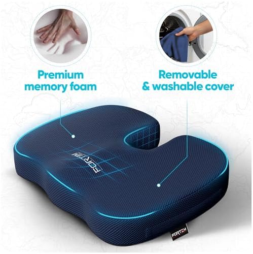 FORTEM Seat Cushion, Office Chair Cushion for Tailbone Sciatica Pain Relief | Memory Foam Pillow for Car | Ergonomic Design | Washable Cover | Non Slip | Blue - Image 3