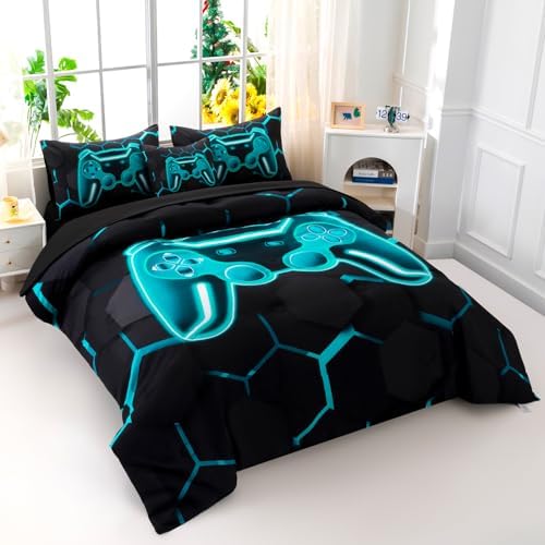 Game Console Teal Comforter Set Twin Size 6 Pieces Kids Gamer Bed in A Bag Gaming Bedding Set for Boys Girls 3D Video Games Lake Blue Bed Comforter Set with Sheets (Teal, Twin) - Image 2