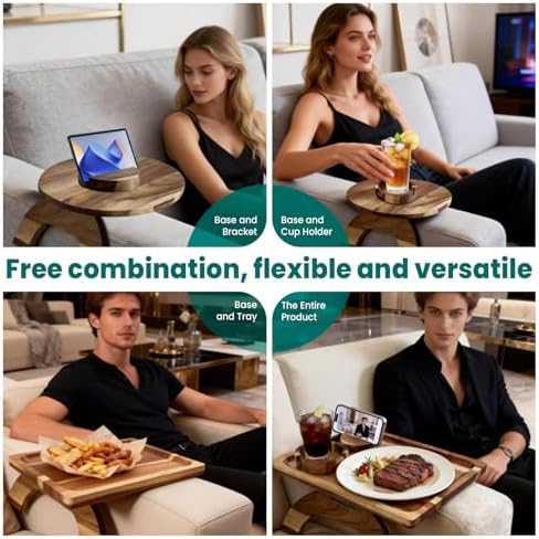 360° Detachable Rotating Acacia Wood Sofa Arm Tray Table, Serving Tray Clip On Couch Armrest Table with Cup Holder & Phone Stand, TV Dinner Tray for Eating on Sofa, TV Trays Fits for Small Spaces - Image 6