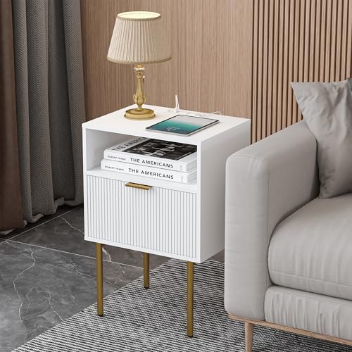 Modern Nightstand with Charging Station and LED Lights, White Bedside Table with Drawer, Fluted Side Table for Living Room, Bedroom - Image 7