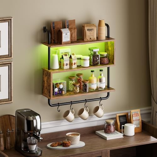 HOOBRO Floating Shelves with LED Lights, 29.5" LED Wall Mounted Gaming Shelf, 3-Tier Pipe Display Rack with Hanging Rod and 4 S-Hooks, for Storage Livingroom, Bedroom, Rustic Brown and Black BF21DBJ01 - Image 6