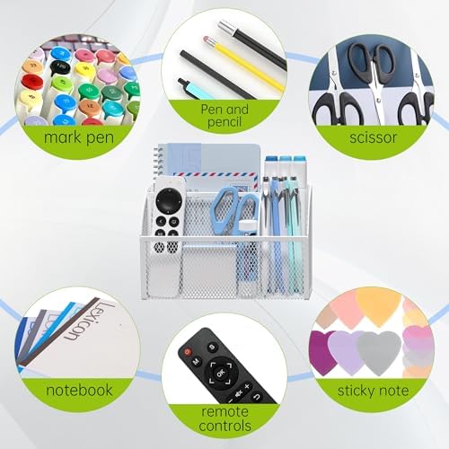YINGHUA 3 Compartment Magnetic Metal Mesh Pen Holder, White Desk Caddy - Image 5