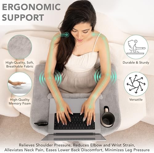 Reading Pillow for Gaming – Extra Large Lap Desk & Arm Rest with Cup & Phone Holder, Adjustable Heights, Laptop Support, Large Pockets – Comfortable for Work, Gaming & Crocheting (Furry Grey) - Image 4