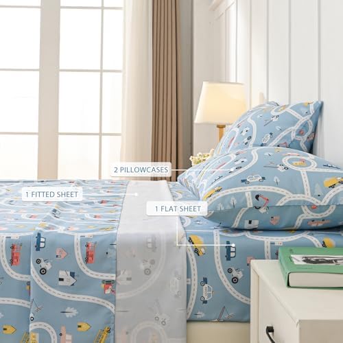 Full Sheets Set for Boys Kids - 4-Piece Car Town Bedding Set, Breathable Blue Town 3D Fitted Sheets with 14" Deep Pocket, Ultra-Soft Lightweight Bedroom Essentials - Image 2