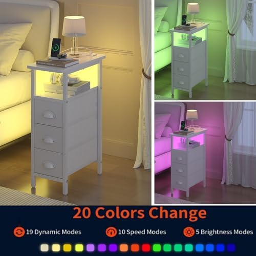 sthmec End Table with Charging Station,LED Side Tables with USB Ports and Outlets,Skinny Bedside Tables with 3 Drawers,Small Tabls Nightstands for Small Space,Slim Sofa Table for Livingroom, White - Image 6