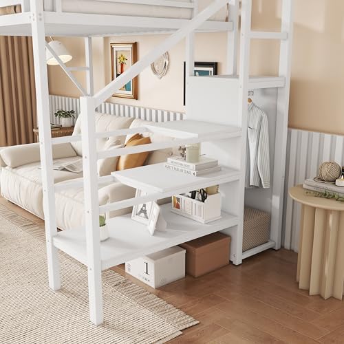 KEIKI Twin Size Metal Loft Bed Frame with Convertible Staircase, Built-in Storage Shelves & Wardrobe, Loft Bed with Solid Slats & Guardrail, No Box Spring Required, Easy Assembly, for Bedroom, White - Image 6