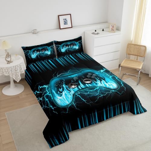Feelyou Gamer Bedding Set Twin Size for Kids Boys,Gaming Comforter Set,Teens Boys Bedroom Room Decor,3D Geometric Video Game Contoller Comforter,Lightnings Fire Gaming Bed Set for All Season - Image 3