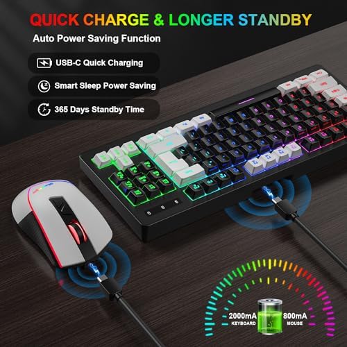 BlueFinger Wireless Gaming Keyboard and Mouse Combo, RGB Rainbow Backlit Rechargeable Battery, 87 Keys TKL Light Up Keyboard with Ergonomic Gaming Mouse for Mac Laptop Computer PC Gamer(White & Black) - Image 3