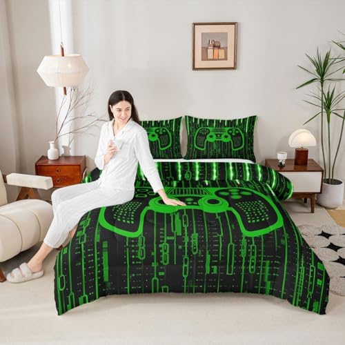 Feelyou Kids Boys Green Gaming Bedding Set Full Size,Gamer Comforter Light 3D Gamer Comforter Set for Modern Game Duvet Set Game Room 3Pcs Room Decor Quilt Set Bedding Collection - Image 5