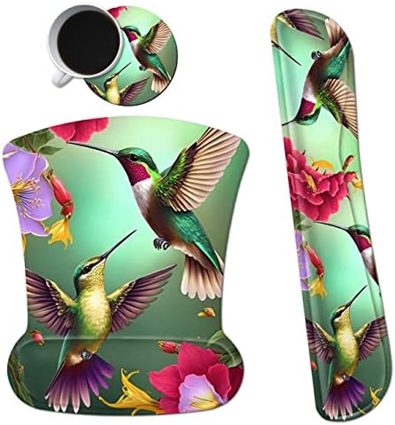 Ergonomic Mouse Pad with Wrist Support Gel & Memory Foam, Floral Hummingbird Flower Pattern, Non-Slip PU Base for Office, Gaming, Computer, Laptop, Home by Dikoer