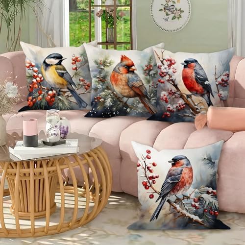 Christmas Birds Throw Pillow Covers Set of 4 Farmhouse Winter Nature Landscape Decorative Cushion Covers Vintage Snow Tree Red Cardinal Pillow Covers for Family Bed Sofa Couch Outdoor Home Decor 20x20 - Image 4