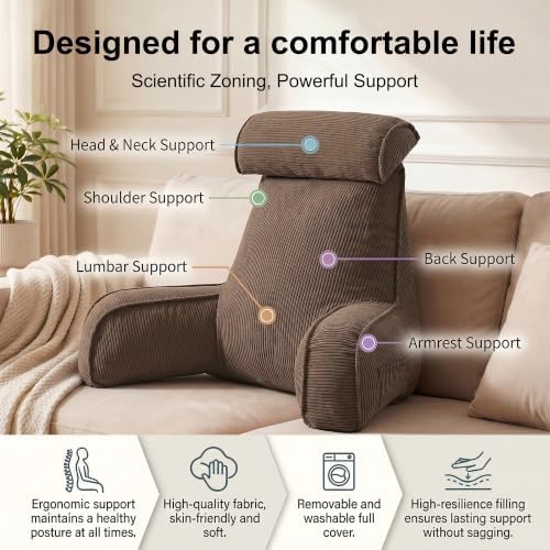 Reading Pillow for Sitting Up in Bed with Arms, Corduroy Back Support Cushion with Side Pockets & Washable Cover, Bed Rest Pillow for Sofa Reading, Relaxing & Watching TV, Chocolate - Image 4