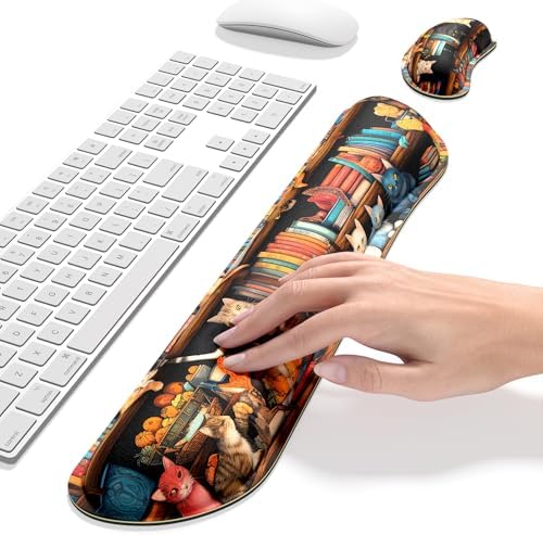 Dapesuom Enlarge Keyboard Wrist Rest, Memory Foam Wrist Cushion for Desk Mats Support, Cute Typing Pain Relief Keyboard Mouse Pad Rests Set with Non-Slip Base for Gaming Laptop Computer, Library Cats - Image 4