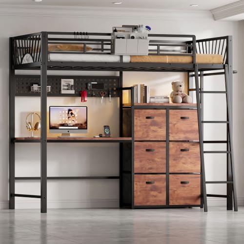 Decofy Twin Loft Bed with Desk and 6 Storage Drawers, Metal Loft Bed Twin Size with Charging Station & LED Lights, Bed Frame with Hanging Rod, Safety Ladder & Guardrail, Bedside Caddy for Kids, Teens by Decofy
