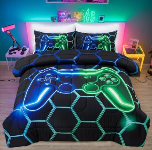 NTBED Game Console Comforter Set for Boys Girls Kids 3D Gaming Geometric Lightweight Microfiber Bedding Sets (Blue Green, Queen 5Pcs) by NTBED