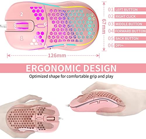 Techsea Honeycomb Wired Gaming Mouse with RGB On/Off Switch, 7200 Adjustable DPI, Ergonomic Lightweight Design & High Precision Sensor for PC/Mac Gamers (Pink) - Image 6