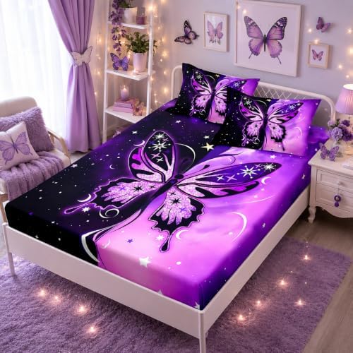 HOSIMA Girls Butterfly Queen Bedding Sets,1 Fitted Sheet+2 Pillowcases. by HOSIMA