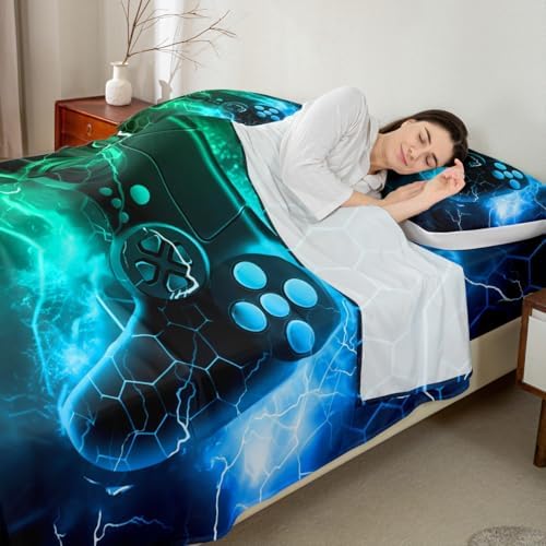 Feelyou Kids Boys Green Gamer Sheet Set Queen Size, Honeycomb Gaming Bed Sheets Set Lightning Gamepad Sheets with Deep Pocket Fitted Game Room Decor Bedding Set Microfiber Soft Bed Set - Image 4