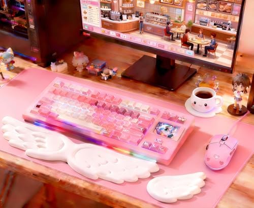 Angel Wing Wrist Rest Ergonomic Memory Foam Wrist Rest for Computer Keyboard Mouse Set with Cup Mat, Cute Gaming Keyboard Cushion Hand Support PU Leather Surface Anti-Slip Waterproof（White） - Image 6