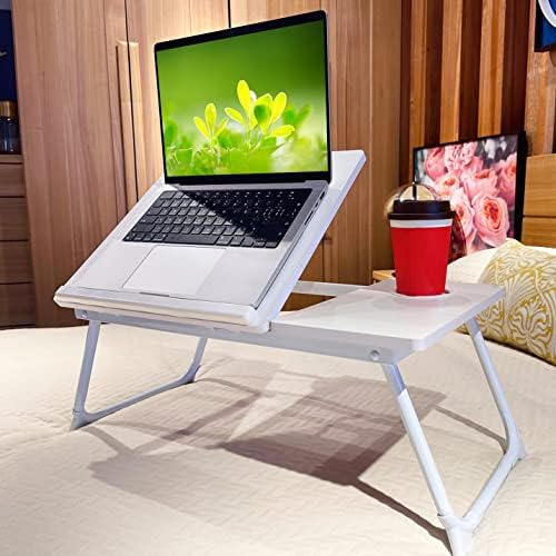 CloudTrip Laptop Desk for Bed or Couch, Lap Desk, Woking in Bed Desk, Home Office Desks, Breakfast Tray, Desk with Cup Holder, Watching Movies in Bed, Laptop Stand for Bed, Fordable Legs Desk (White) - Image 2