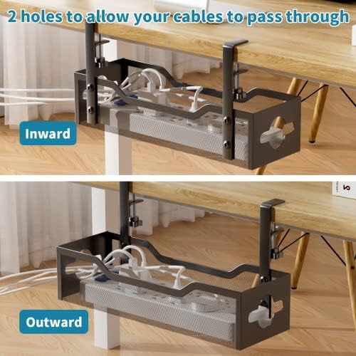 Under Desk Cable Management Tray No Drill, Metal Mesh Cable Management Under Desk with Clamp Mount, 2 Hole Cable Tray with Wire Management and Cord Organizer for Home Office Standing Desk - Image 5