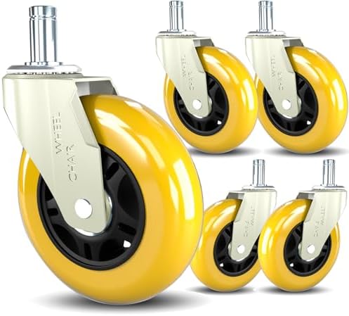Office Chair Caster Wheels Replacement 3 Inch Roller Blade, Set of 5 | Yellow Heavy Duty Quiet No Scratch Rubber Gaming Chair Wheel for Hardwood Floor Carpet, 11mm Universal Fit/Not Fit 1KEA by TESUMI