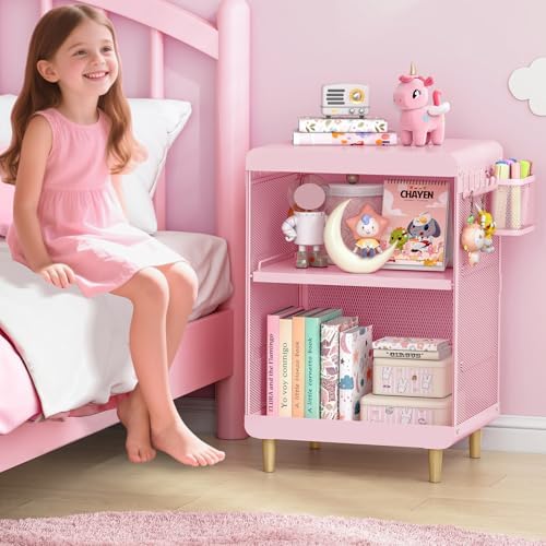 SYKIARIOL Kids Nightstand for Girls, 3-Tier Storage Shelf, Pink - Image 2