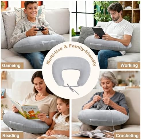 IFOYO Ergonomic Gaming Pillow for Lap, Grey U-Shaped Crochet Pillow for Lap Support, Soft Reading Pillows Provide Arms Legs Neck Support to Long Gaming Sessions, Crocheting, Reading, Working - Image 6