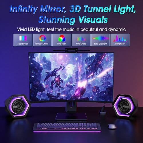 Computer Gaming Speakers, 50W Active Desktop Speakers with Infinity Mirror 3D Tunnel RGB (8 Modes), Bluetooth 5.3, AUX in, Headphone Out & Type-C Input, 3 EQ Modes, AC Powered for PC/Laptop/TV - Image 6
