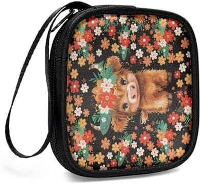 Floral Print Highland Cow Earphone Case Earbuds Small Carrying Cases Portable Headphone Organizer Storage Pouch Bag with Handle - Image 3