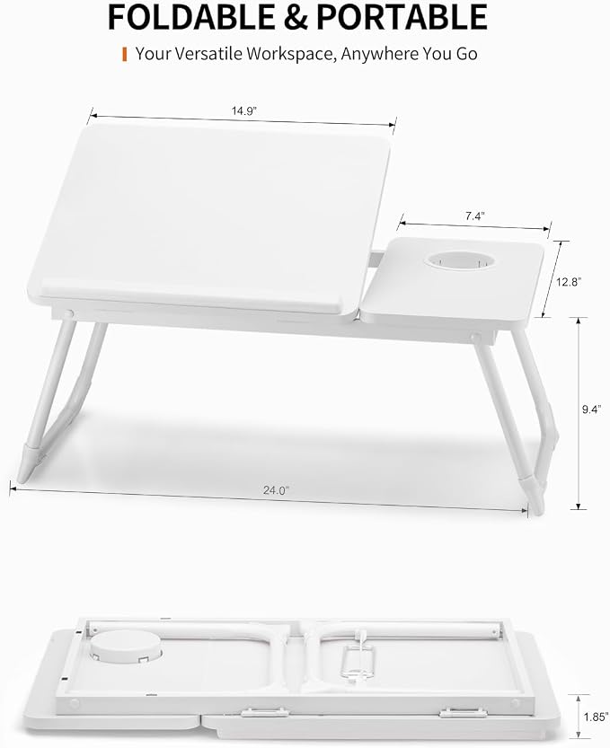 FISYOD Foldable Laptop Desk for Bed Couch, Adjustable Split Lap Desk with Cup Holder, Portable Lightweight Bed Table Tray, Heavy-Duty Laptop Stand for Working, Writing, Reading and Eating - White - Image 2