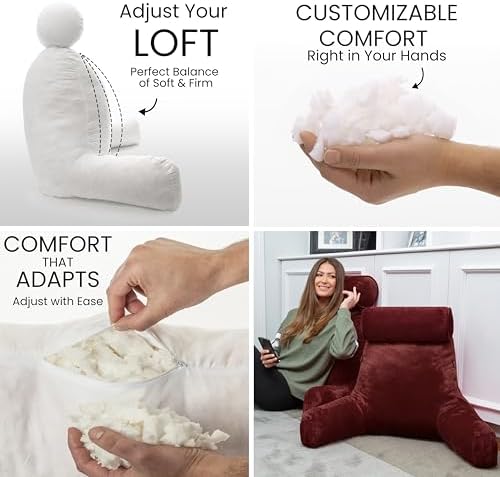 Husband Pillow Medium Reading Pillow with Arms - 23" Backrest for Sitting Up in Bed - Firm Support Bed Rest Pillow for Adults, Neck Roll, Removable Cover - TV, Reading, Lounging - Maroon - Image 2
