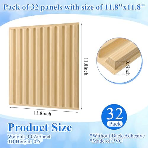 Nuanchu 32 Pcs 3D Wall Panels, 12"x12" PVC Fluted Tiles, Natural Oak - Image 2