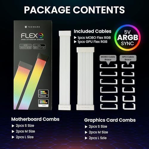 TECWARE Flex RGB Cable Cover Kit | Compatible with 24-Pin Motherboard and 8-Pin/16-Pin GPU | ARGB PSU Cable Extension with 5V 3-Pin Sync | RGB Lighting Kit for PC Cables | White - Image 4