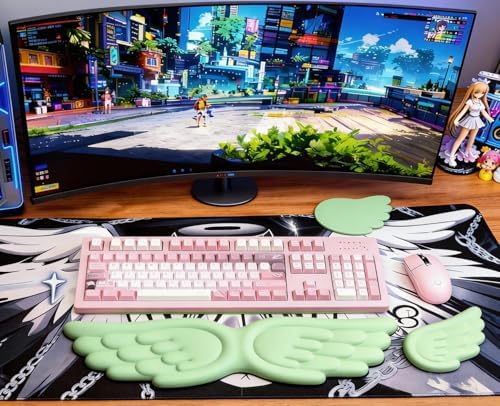 Angel Wing Wrist Rest Ergonomic Memory Foam Wrist Rest for Computer Keyboard Mouse Set with Cup Mat, Cute Gaming Keyboard Cushion Hand Support PU Leather Surface Anti-Slip Waterproof (Green) - Image 2