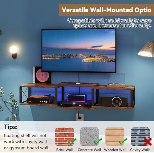 IBUYKE Floating TV Stand with Power Outlet,Wall-Mounted Floating Stand for TVs up to 55",Metal Entertainment Center,Wall Mounted TV Shelf with Storage for Living Room Bedroom,Rustic Brown UWST011H - Image 5
