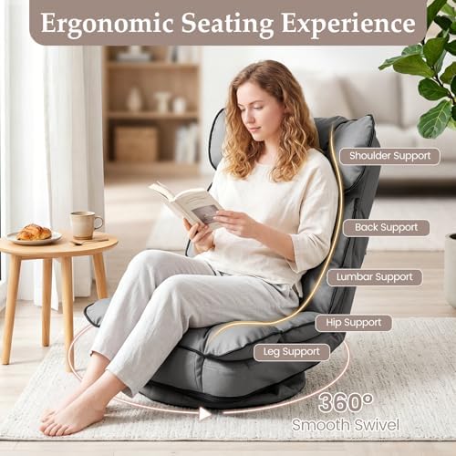GIANTEX 360° Swivel Floor Gaming Chair, Folding Lazy Lounger Couch (Grey) - Image 6