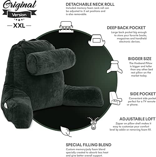 Husband Pillow XXL The Original for Adults - 30" Tall Backrest for Sitting Up in Bed - Firm Support Reading & Bed Rest Pillows for Adults, Neck Roll, Removable Cover - TV - Dark Green - Image 5