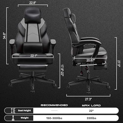 Gaming Chair for Adults, Grey Video Game Chair with Footrest, Big and Tall Gaming Chair Heavy Duty Computer Chair with Massage Lumbar, Ergonomic Adjustable Height and 360° Swivel, PU Leather, Grey - Image 3