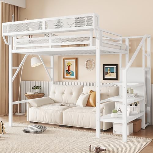 KEIKI Twin Size Metal Loft Bed Frame with Convertible Staircase, Built-in Storage Shelves & Wardrobe, Loft Bed with Solid Slats & Guardrail, No Box Spring Required, Easy Assembly, for Bedroom, White by KEIKI