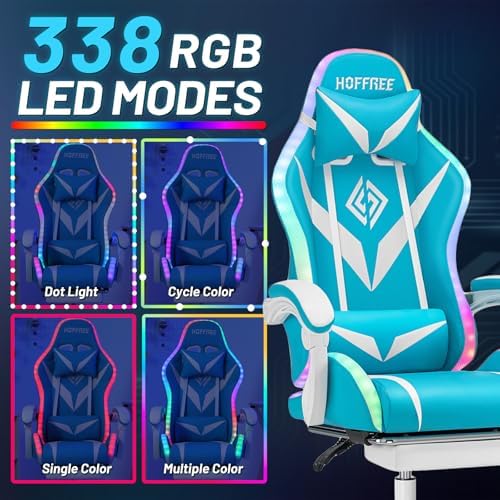 Gaming Chair with Bluetooth Speakers RGB LED Lights Computer Chair-Sky Blue | Ergonomic Massage Game Chair with Footrest & Lumbar Support High Back Video Game Chair for Adults Racing Style - Image 5