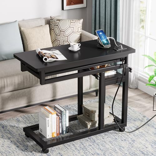 Tribesigns Small Portable Desk with Power Outlet, Height Adjustable Sofa Couch Bedside Laptop Table with Wheels, Mobile Standing Desk Rolling Computer Cart C Side Table with USB Ports - Image 3