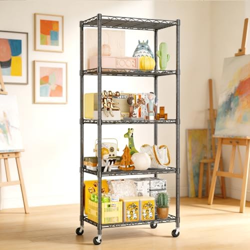 REGILLER 5-Wire Shelving Metal Storage Rack Adjustable Shelves,Standing Storage Shelf Units for Laundry Bathroom Kitchen Pantry Closet(Black,11.8" D x 21.2" W x 55" H,With Wheels) - Image 7