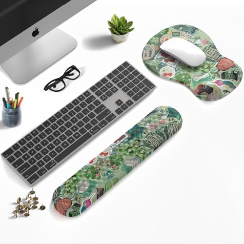 Mint Green Keyboard Wrist Rest Support Mouse Pad&Keyboard Set, Cute Green Ergonomic Mousepad Non-Slip Base Desk/Office Pain Relief&Easy Typing Pad with Neoprene Cloth&Raised Curved Memory Foam - Image 2