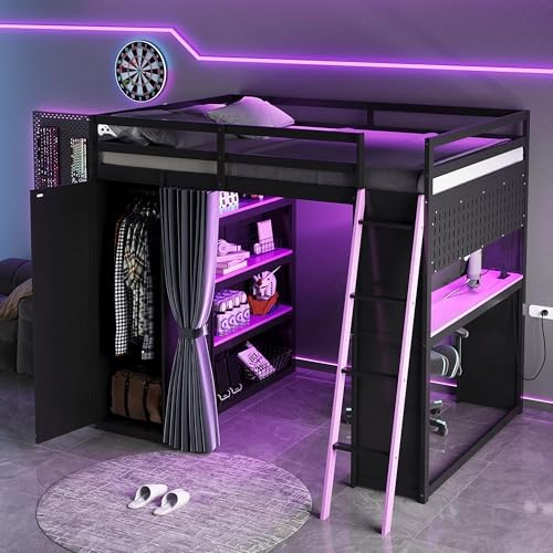 Merax Full Size Loft Bed with Desk and 6 Storage Shelves, Wardrobe, Blackout Curtain, Solid Wood Gaming Loft Bed Frame with USB Port & RGB Lights, No Box Spring Needed, Space-Saving, Black+Purple - Image 5