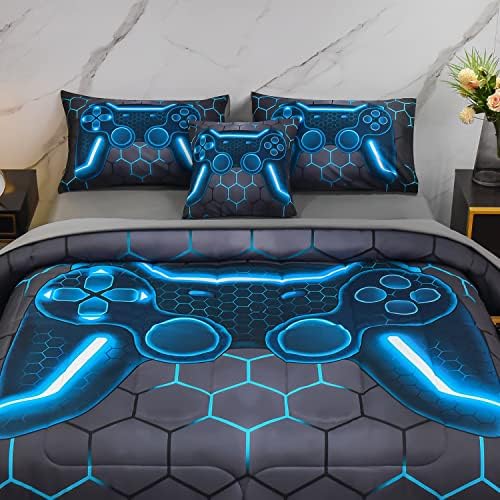 6Pcs Game Console Comforter Set with Sheets for Boys Girls Kids Teens, Geometric Gaming Themed Bed in A Bag Twin Size, Blue 3D Video Gamer Controller Bedroom Decor Bedding Set - Image 3