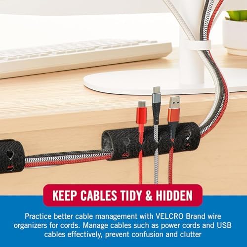 VELCRO Brand Complete Desk Cable Management Kit | 8in Mountable Cable Sleeve 2pk + 150pk Reusable Cable Ties + Desk & Nightstand Cord Organizer | Black, Damage-Free Mounting - Image 7