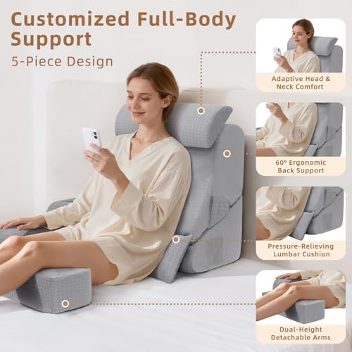 Foldable Reading Pillow for Sitting in Bed Adult, Grey, 19" - Image 4