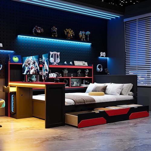 Merax Full Size Gaming Daybed with Integrated Desk and Lights, Wooden Platform Bed Frame with 3 Storage Drawers and Built-in Charging Station, Multi-Functional Headboard Shelves, No Box Spring Needed - Image 3